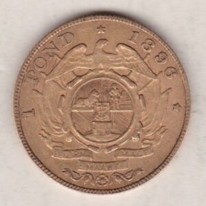 1896 South Africa Gold Pond coin featuring Paul Kruger on the Obverse. The Arms of the South African Republic on the reverse.