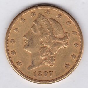 1897 S USA Twenty Dollars coin featuring the Lady Liberty on the Obverse. The eagle with a shield on its chest completes the Reverse.