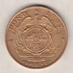 1897 South Africa Gold Pond coin featuring Paul Kruger on the Obverse. The Arms of the South African Republic on the reverse.