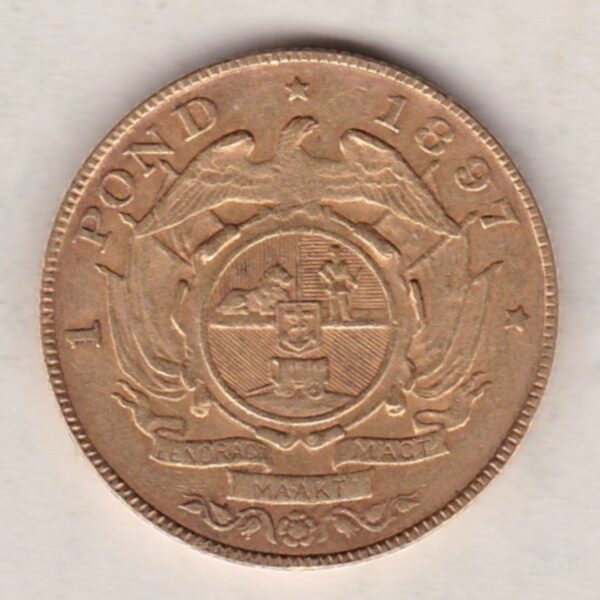 1897 South Africa Gold Pond coin featuring Paul Kruger on the Obverse. The Arms of the South African Republic on the reverse.