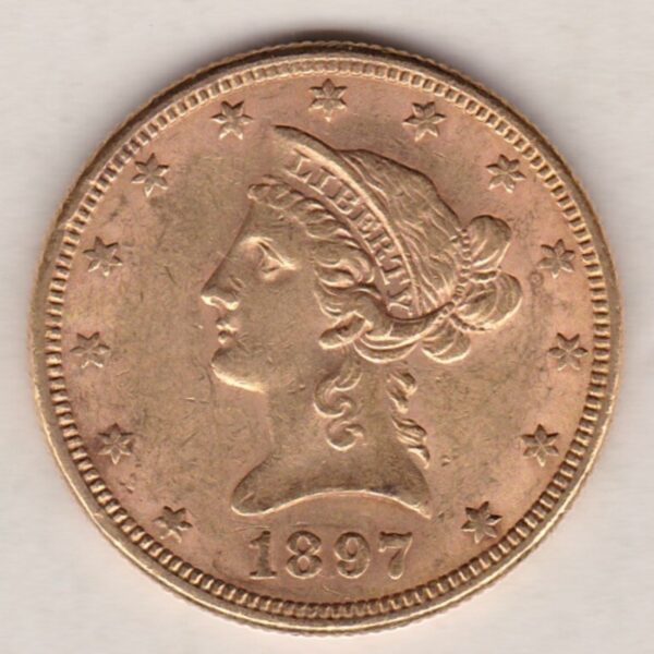 1897 USA Gold Ten Dollars coin featuring the bust of Liberty surrounded by 13 stars on the Obverse and the eagle on an olive branch on the Reverse.