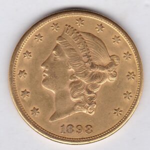 1898 S USA Twenty Dollars coin featuring the Lady Liberty on the Obverse. The eagle with a shield on its chest completes the Reverse.
