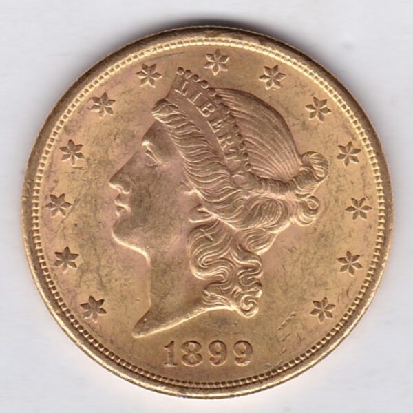 1899 S USA Twenty Dollars coin featuring the Lady Liberty on the Obverse. The eagle with a shield on its chest completes the Reverse.