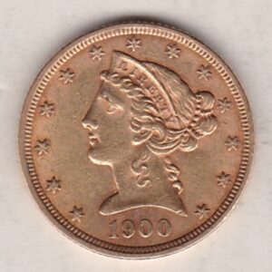 1900 USA Five Dollars coin struck in Philadelphia, the Coronet head design on the Obverse. The eagle on the Reverse. GVF condition.