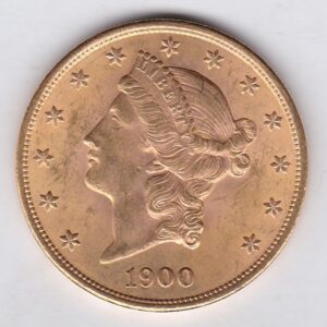 1900 USA Twenty Dollars coin featuring the Lady Liberty on the Obverse. The eagle with a shield on its chest completes the Reverse.