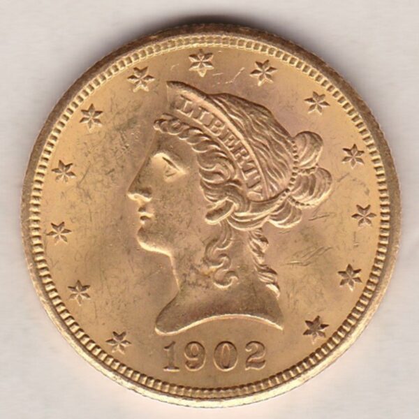 1902 S USA Ten Dollars coin featuring the bust of Liberty surrounded by 13 stars on the Obverse and the eagle on an olive branch on the Reverse.