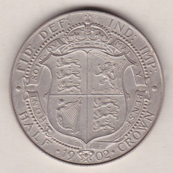 1902 Silver Matt Proof Halfcrown coin featuring king Edward VII on the Obverse. The Reverse features a crowned quartered shield of arms.