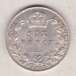 1902 Silver Sixpence coin featuring King George V on the Obverse. The Reverse features a crowned denomination within wreath.