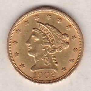 1902 USA Two And A Half Dollars Gold coin featuring the Indian head design on the Obverse. The eagle on the Reverse. Philadelphia.