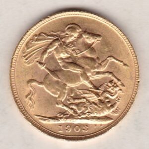 1903 Gold Sovereign Coin. The coin features King Edward VII on the Obverse. St George and the dragon on the reverse. London Mint.