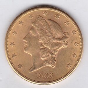 1903 S USA Twenty Dollars coin featuring the Lady Liberty on the Obverse. The eagle with a shield on its chest completes the Reverse.