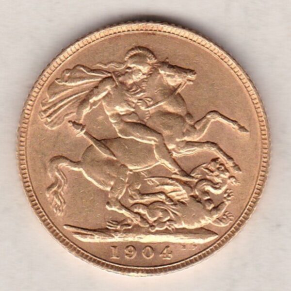 1904 Gold Sovereign Coin. The coin features King Edward VII on the Obverse. St George and the dragon on the reverse. London Mint.