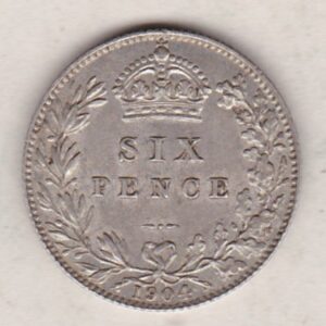 1904 Silver Sixpence coin featuring King George V on the Obverse. The Reverse features a crowned denomination within wreath.