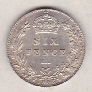 1906 Silver Sixpence coin featuring King George V on the Obverse. The Reverse features a crowned denomination within wreath.