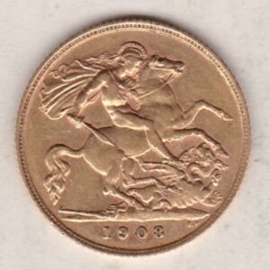 1908 Gold Half Sovereign Coin featuring King Edward VII on the Obverse and George & the Dragon on the Reverse in a plastic coin envelope.