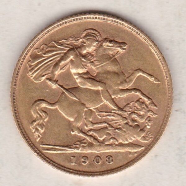 1908 Gold Half Sovereign Coin featuring King Edward VII on the Obverse and George & the Dragon on the Reverse in a plastic coin envelope.