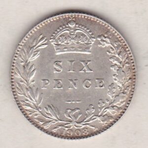 1908 Silver Sixpence coin featuring King George V on the Obverse. The Reverse features a crowned denomination within wreath.