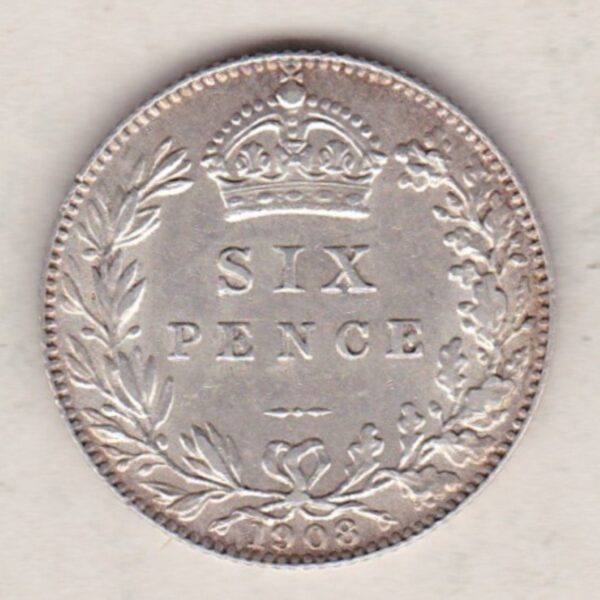 1908 Silver Sixpence coin featuring King George V on the Obverse. The Reverse features a crowned denomination within wreath.