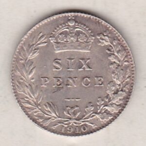 1910 Silver Sixpence coin featuring King George V on the Obverse. The Reverse features a crowned denomination within wreath.