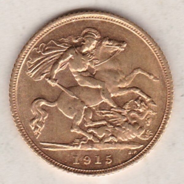 1915 S Gold Half Sovereign coin featuring the fourth portrait of King George V on the Obverse. St George and the dragon on the Reverse.