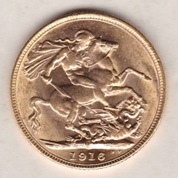 1916 M Gold Sovereign Coin. The coin features King George V on the Obverse. St George and the dragon on the reverse. The M Melbourne, Australia Mintmark.