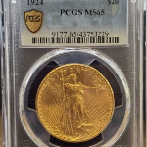 1924 USA Twenty Dollars MS65 coin featuring the Lady Liberty on the Obverse. The eagle in flight with sunshine in the background on the Reverse.