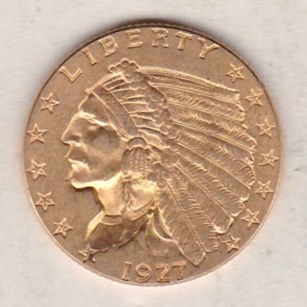 1927 USA Two And A Half Dollars Gold coin featuring the Indian head design on the Obverse. The eagle on the Reverse. Philadelphia.