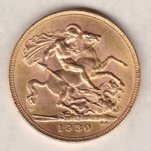 1930 SA Gold Sovereign Coin. The coin features King George V on the Obverse. St George and the dragon on the reverse. The SA Pretoria South Africa mintmark.