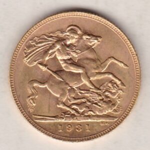 1931 SA Gold Sovereign Coin. The coin features King George V on the Obverse. St George and the dragon on the reverse. The SA Pretoria South Africa mintmark.