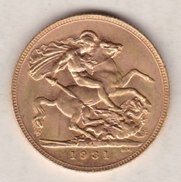 1931 SA Gold Sovereign Coin. The coin features King George V on the Obverse. St George and the dragon on the reverse. The SA Pretoria South Africa mintmark.