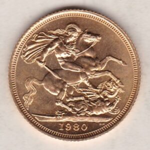 1980 Gold Sovereign Coin. This coin features the second portrait of Queen Elizabeth II on the obverse. St George and dragon on the reverse.