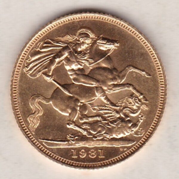 1981 Gold Sovereign Coin. This coin features the second portrait of Queen Elizabeth II on the obverse. St George and dragon on the reverse.