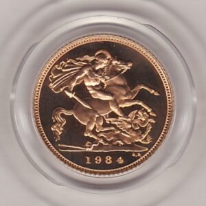 1984 gold proof half sovereign coin in capsule. This coin features Queen Elizabeth II on the obverse and St George and the dragon on the Reverse.