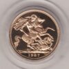 1987 gold proof sovereign coin featuring queen Elizabeth II on the Obverse & St George and the Dragon Reverse. This coin was issued as a proof only.