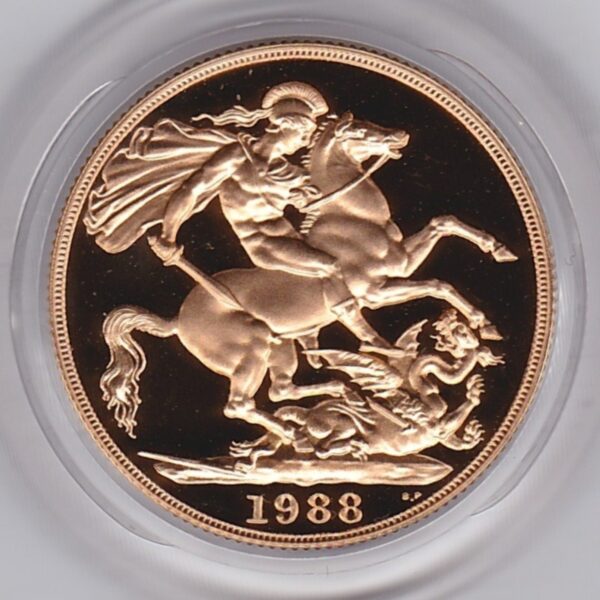 1988 Proof Gold Two Pounds Double Sovereign coin. This coin has Queen Elizabeth II on the obverse. St George and the dragon on the reverse.