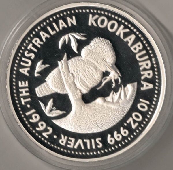 1992 Australia Silver Proof Ten Ounce Kookaburra. This coin contains ten ounces of .999 fine silver. You are buying the ten ounce coin in the pictures.