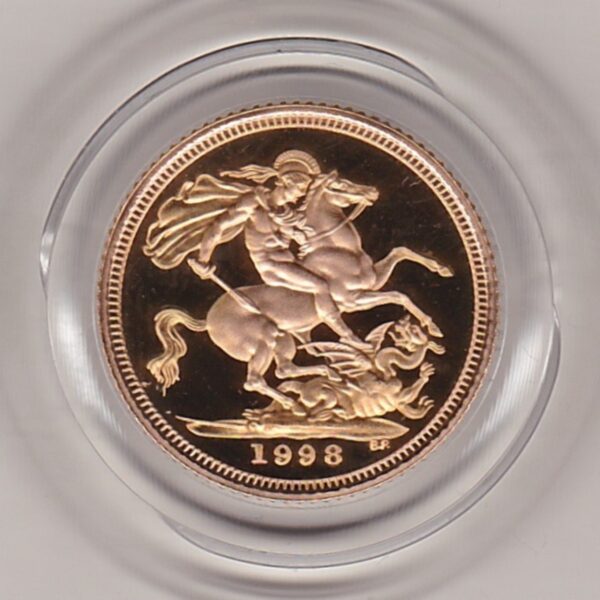 1998 gold proof half sovereign coin in capsule. This coin features Queen Elizabeth II on the obverse and St George and the dragon on the Reverse.