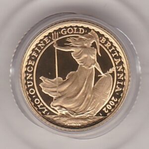 2002 Gold Proof Tenth Ounce Britannia coin featuring Queen Elizabeth II on the Obverse. The helmeted portrait of Britannia features on the Reverse.