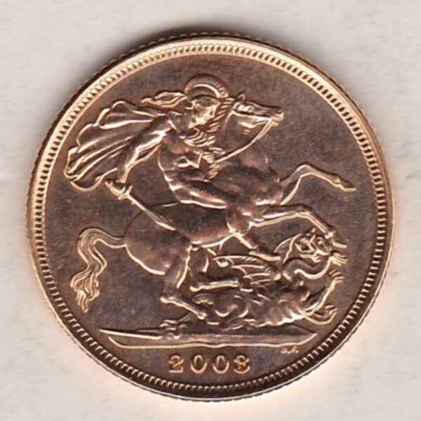 2003 Gold Sovereign Coin. This coin features the fourth portrait of Queen Elizabeth II on the obverse. St George and dragon on the reverse.