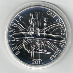 2011 Silver Britannia One Ounce Coin. The coin contains one ounce of fine silver. All of our silver coins have been pre-owned and are in stock.