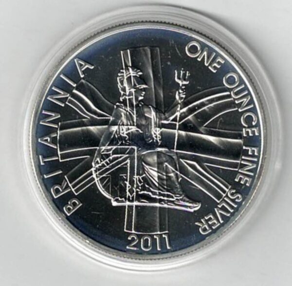 2011 Silver Britannia One Ounce Coin. The coin contains one ounce of fine silver. All of our silver coins have been pre-owned and are in stock.