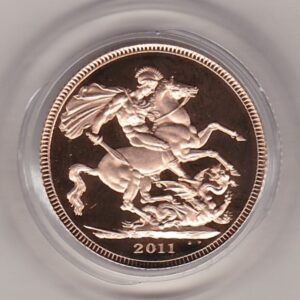 2011 gold proof sovereign coin featuring queen Elizabeth II on the Obverse & St George and the Dragon Reverse. This coin comes as issued by the royal mint.