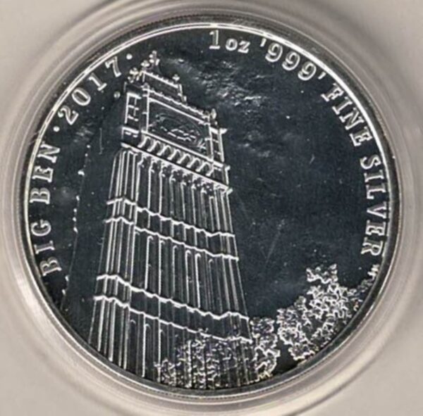 2017 Silver One Ounce Big Ben. The portrait of Queen Elizabeth II is on the obverse. The coin contains one ounce of 999 fine silver.