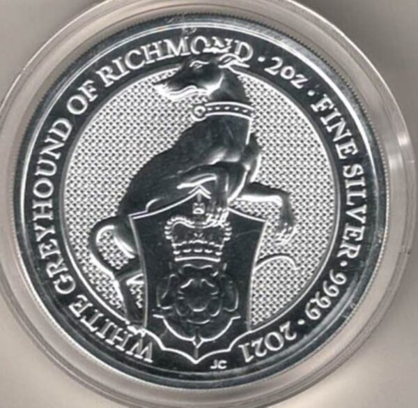 2021 Two Ounce Silver Coin Royal Mint White Greyhound Of Richmond . This coin was issued as part of the Queen's Beasts series by the Royal Mint.