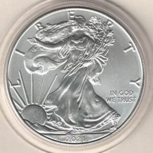 2021 Silver USA One Ounce Eagle. The liberty is on the obverse, The eagle is on the reverse. The coin contains one ounce of 999 fine silver.