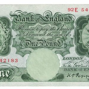 B238 Peppiatt One Pound Banknote 92E. This is the green 1934 Issue, with Serial Number 92E 542183. This note is in mint condition.