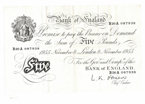 B276 White Five Pounds Banknote. This large white note is the London 8th November 1955 Issue, with Prefix / Serial Number B26A 087938