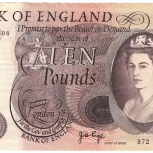 B326 Page Ten Pounds banknote. The obverse features HM Queen Elizabeth II at the right. The reverse features a lion facing left at centre.