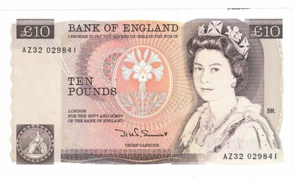 B348 Somerset Ten Pounds banknote. Deep brown on multicolour underprint. The obverse features Elizabeth II. The reverse features Florence Nightingale.