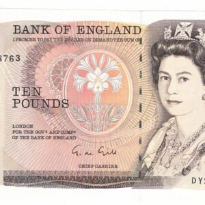 B354 Gill Ten Pounds banknote. Deep brown on multicolour underprint. The obverse features Elizabeth II. The reverse features Florence Nightingale.